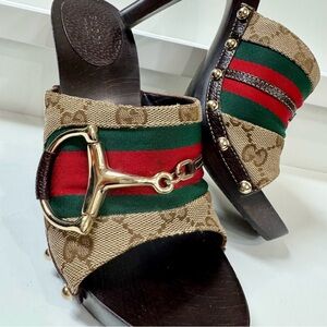 Gucci Beige/Brown GG Canvas Leather Web Horsebit Wooden Platform Sandals